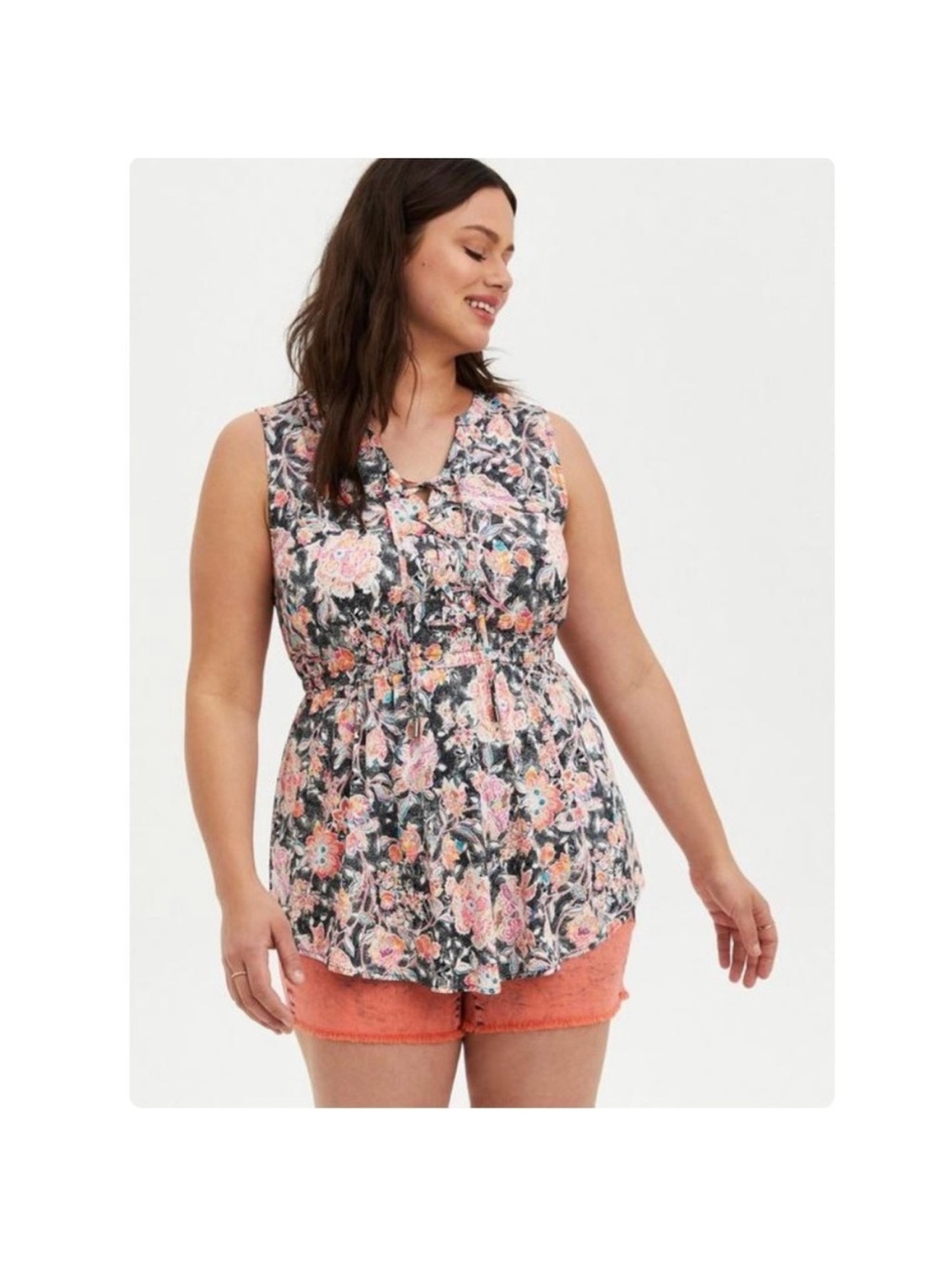 Torrid Babydoll Stretch Challis Lace-Up Tunic Top